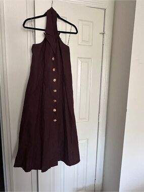Sleeveless Brown Button-Front Halter Dress